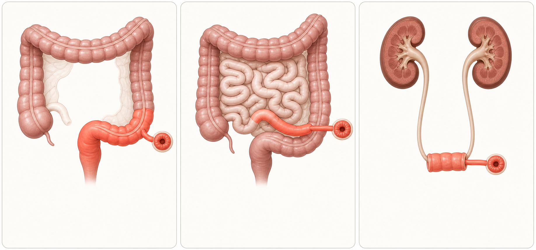 Comparación anatómica del recorrido de una colostomía, una ileostomía y una urostomía